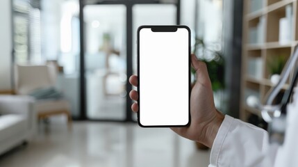 Hand of a doctor holding smartphone with blank screen in medical office. Medical professional presenting phone mockup for healthcare application.
