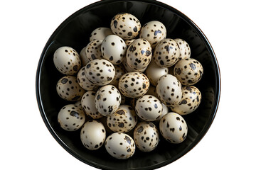 A Nest of Speckled Eggs in a Black Bowl on a White or Clear Surface PNG Transparent Background.