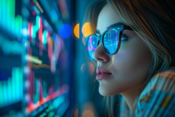 beautiful young woman with trendy eyeglasses and a holographic screen, using AI technology to assist her with accounting tasks in a futuristic office setting.