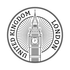 London, UK stamp or seal with Big Ben sign or icon. Vector illustration.