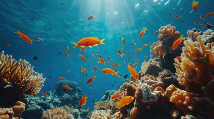 Fototapeta premium Vibrant Coral Reef with Sunbeams and Fish