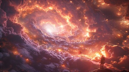Fototapeta premium A man standing in front of a spiral galaxy, gazing at the vastness .