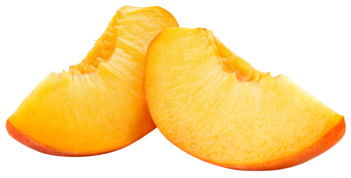 Peach slice isolated png. Peach slices on transparent background. PNG format. Cut peach no background. Full depth of field.