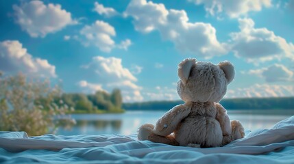 A lonely bear doll sitting on the bed and look to the river in the morning with blue sky white cloud