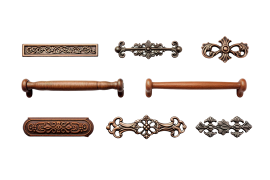Intricate Ornate Cabinet Hardware With Elegant Floral Designs and Wooden Accents on a White or Clear Surface PNG Transparent Background.