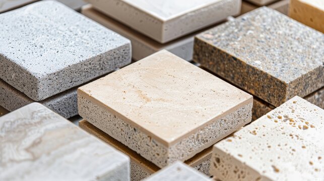 Detailed close-up of textured slabs and sections, showcasing different materials and finishes, arranged in an organized, aesthetic pattern