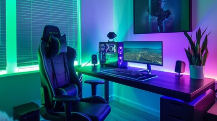 A modern gaming setup with a black gaming chair, a computer monitor, a desk with a keyboard and mouse, and a plant. The room is illuminated with blue and green LED lights.