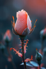 Close-up of the barbed spines of a wild rose, with a single bloom adding a touch of elegance to the scene,
