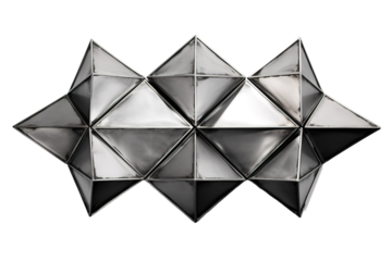 A Geometric Starburst of Silvered Pyramids Reflects the Light on a White or Clear Surface PNG Transparent Background.