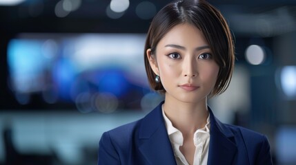 Fototapeta premium Japanese female news anchor reporting in studio with serious expression on news program, front view