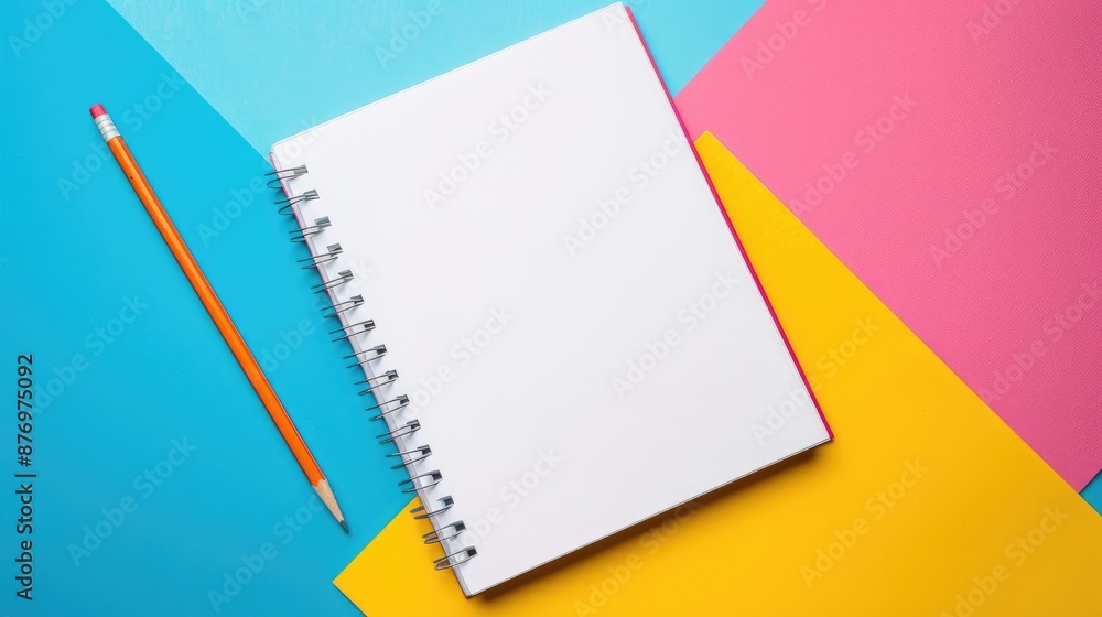 Poster notebook and pencil on colorful surface open spiral notepad on desk blank office notepad with white 