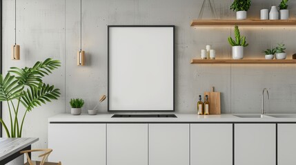 Mockup blank wall frame with kitchen interior