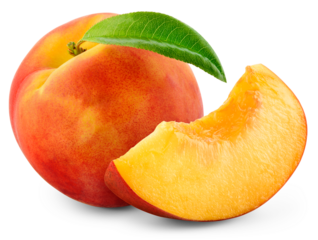 Peach isolated png. Peach with a slice on transparent background. PNG format. Peaches with leaf no background. Full depth of field.