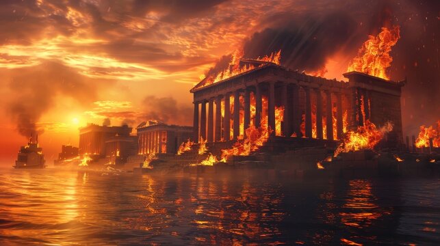 Burning ancient greek city  capture of troy with temples ablaze by the sea at sunset