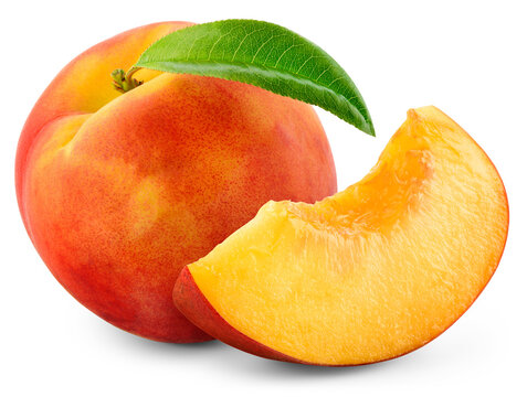 Peach isolated png. Peach with a slice on transparent background. PNG format. Peaches with leaf no background. Full depth of field.