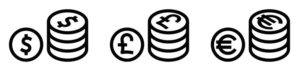 Vector icons of stacked currency coins (Dollar, Pound, Euro), representing money, finance, and savings. Editable stroke.