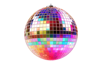 A Colorful Disco Ball Glistens Against a White Background on a White or Clear Surface PNG Transparent Background.