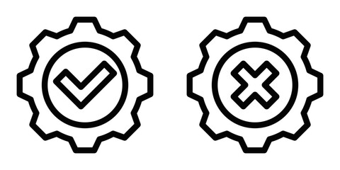 Vector icons of a gear with checkmark and cross symbols, representing settings, approval, and rejection. Editable stroke.