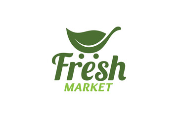 fresh market logo with a combination of leaves and shopping trolley for fresh food store, market, etc.
