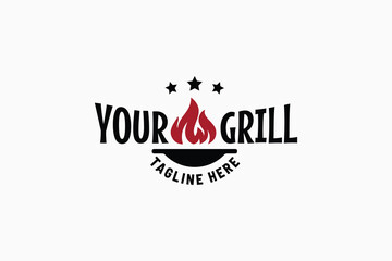 grill logo with grill and fire set in vintage style for cafe, restaurant, food truck, etc.