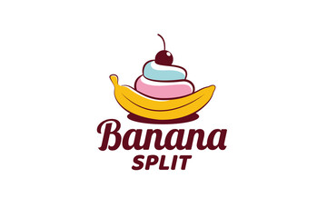 banana split logo with a combination of banana, ice cream and cherry for cafes, restaurants, food trucks, etc.