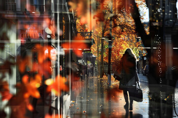 Silhouette of woman walking on city street with blurred reflections of autumn leaves in glass window, capturing the beauty of urban life and seasonal change in a vibrant, multicultural setting