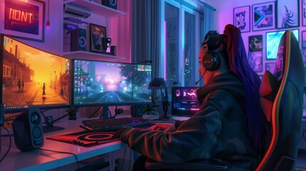 A young woman sits in a gaming chair, wearing a headset, and playing video games on two large monitors. The room is lit with bright neon lights.