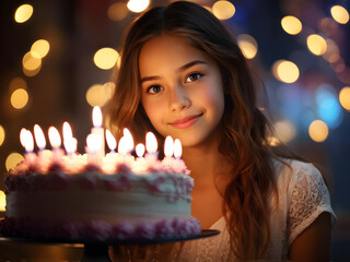 Cute 18 year old teen girl in front of a cake, celebrating her eighteen adulthood birthday , majority or legal age concept
