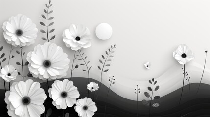 A picturesque view of lush flower fields and gardens depicted in black and white, featuring floral designs with crisp, clean lines perfect for stress-free coloring book exercises.