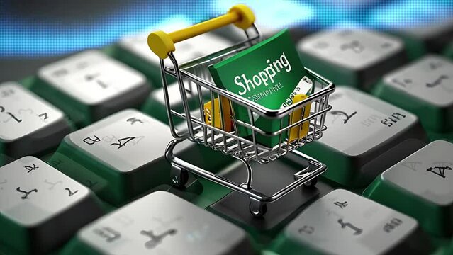 Digital Technology: Mini Shopping Cart on Computer Keyboard&rdquo; &ndash; A visual representation of online shopping and e-commerce through a small shopping cart icon placed on a computer keyboard. The contrast 