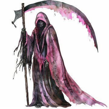 recommend clip art: Watercolor clipart illustration of a Grim Reaper with a scythe set against a white background