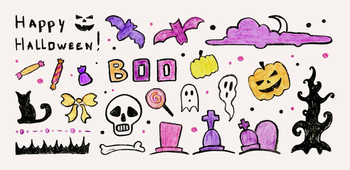 Halloween colorful crayon doodles and freehand drawings with Holiday symbols, pumpkins, bats, graves, skull and bones, sweets. Graphic set. Vector illustration.