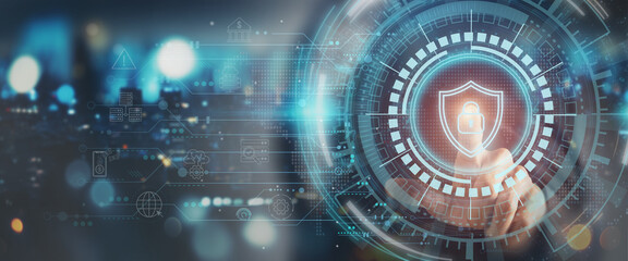 Cyber security network and data protection in financial business concept. Businessman managing ...