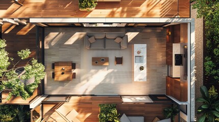 An aerial view of a floor plan of a house with a couch and a table, 3 Bedroom Apartment