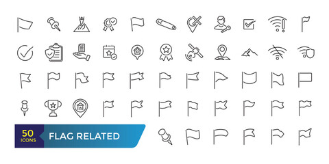 Flag Related line icons. Contains such Icons as Achievement, Victory, Map with a Flag and more. Collection and pack of linear web and ui icons. Editable stroke. Vector illustration.