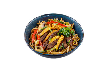 Udon noodles with beef and vegetables for the menu, website, restaurant or food delivery