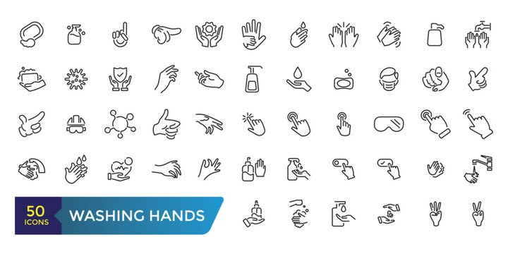 Washing Hands line icon set. Contains such Icons as Washing Instruction, Antiseptic, Soap and more. Collection and pack of linear web and ui icons. Editable stroke. Vector illustration.