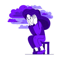 Young woman having a psychological problem of stress or anxiety, vector illustration of stressed girl having mental disorder or tired, headache flat style drawing.