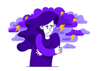 Young woman feeling stressed and uncomfortable, vector illustration of a person having mental disorder panic and anxiety, psychological problems.