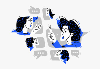 Group of young people having a discussion online via messenger, vector illustration of remote team in a conversation or brainstorm, business and work or webinar.