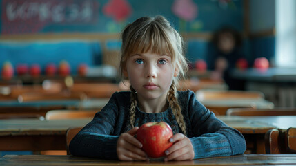 Fototapeta premium Portrait of schoolgirl holding apple during snack time, break