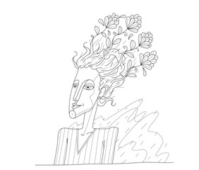 Beautiful minded person, vector illustration of a nice and calm woman with a flowers growing from her head, metaphor of good psychological developed nontoxic person.