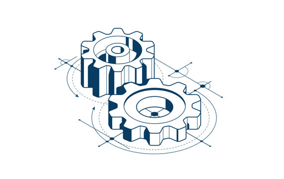 Invention renovation and development concept, gears and cogs with cad engineering drawing isometric 3D vector illustration, technology theme, machinery and engine creation.
