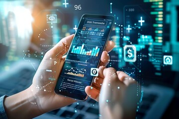 Digital Transactions: A hand holding a smartphone displaying a financial app with graphs and charts, surrounded by digital elements like QR codes and e-wallet icons, highlighting the shift towards a 