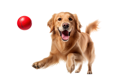 A Golden Retrievers Joyful Pursuit of a Red Ball in Mid-Air on a White or Clear Surface PNG Transparent Background.