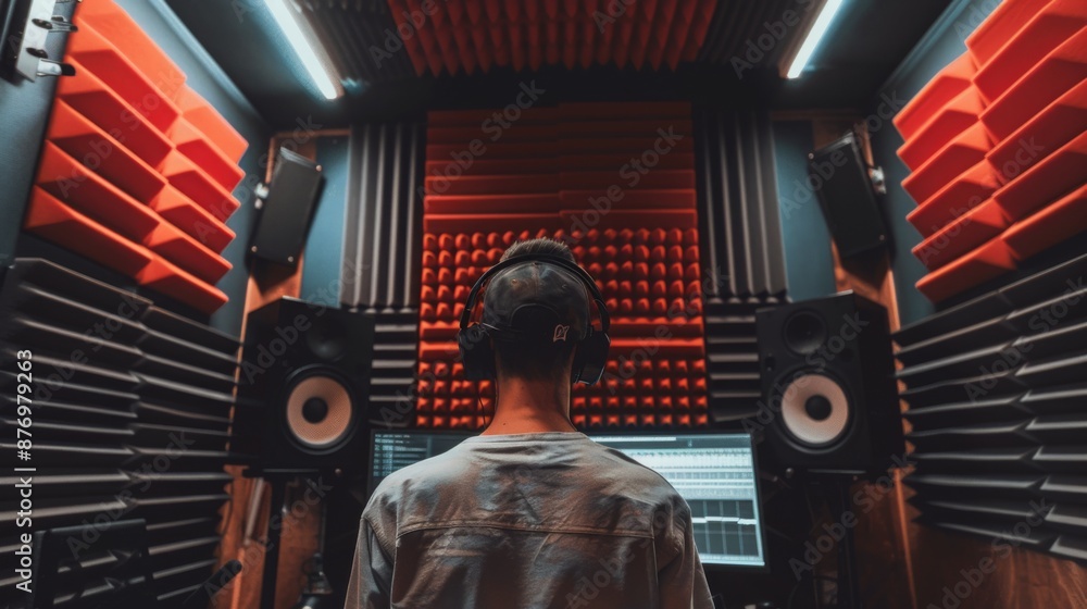 Aufkleber A music producer wears headphones and sits in front of a computer while working in a home studio. Acoustic foam panels line the walls to improve the sound quality.