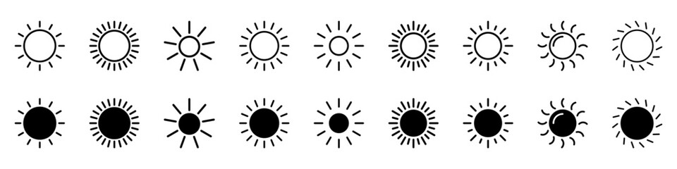 Sun icon, sun symbol isolated on white.