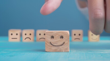 world mental health day concept or feedback rating and positive customer review, Businessman hand choose smile face, wood cube with happiness and sadness face icon on blue background