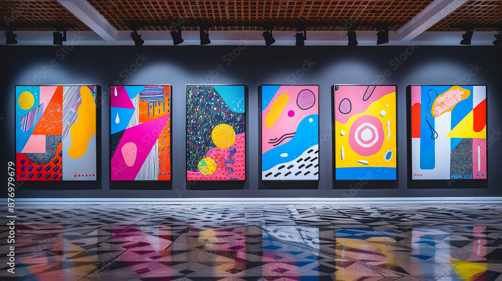 Poster abstract color block paintings hung on a gallery wall, each panel showcasing bold colors and dynamic