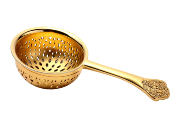 Ornate Gold Tea Infuser With Detailed Floral Handle on a White or Clear Surface PNG Transparent Background.